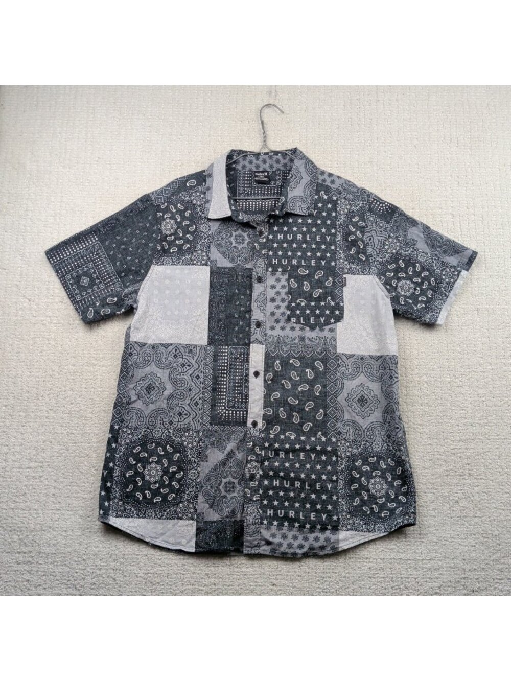 Y2K Hurley Shirt Mens L Blue Bandana Paisley Patchwork Short Sleeve Button Up